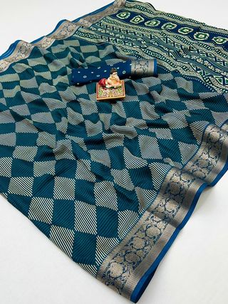 Teal Printed Moss Georgette Saree With Zari Border