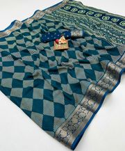 Teal Printed Moss Georgette Saree With Zari Border - Teal