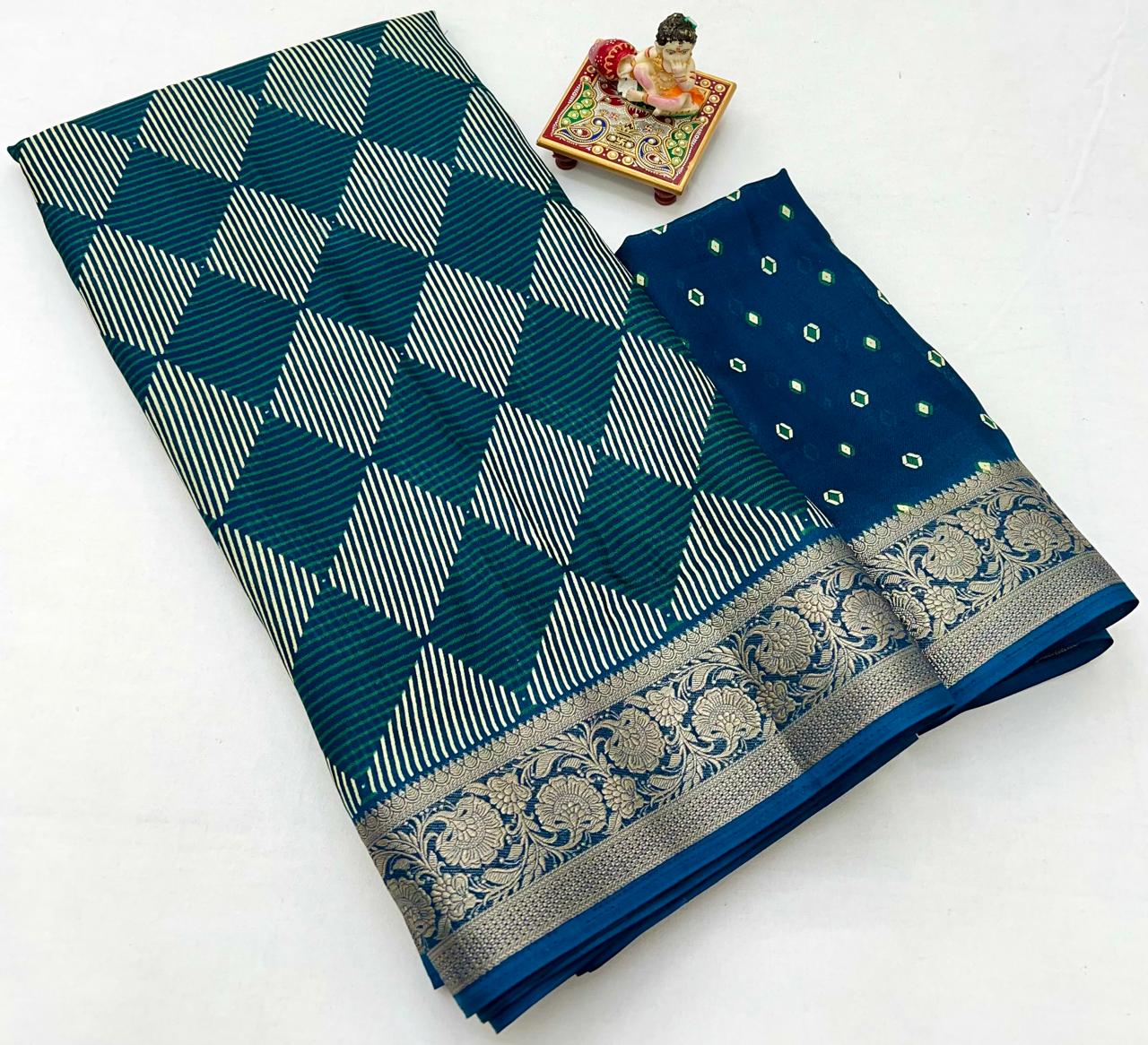 Teal Printed Moss Georgette Saree With Zari Border