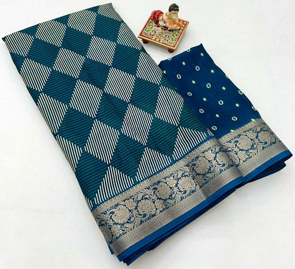 Teal Printed Moss Georgette Saree With Zari Border