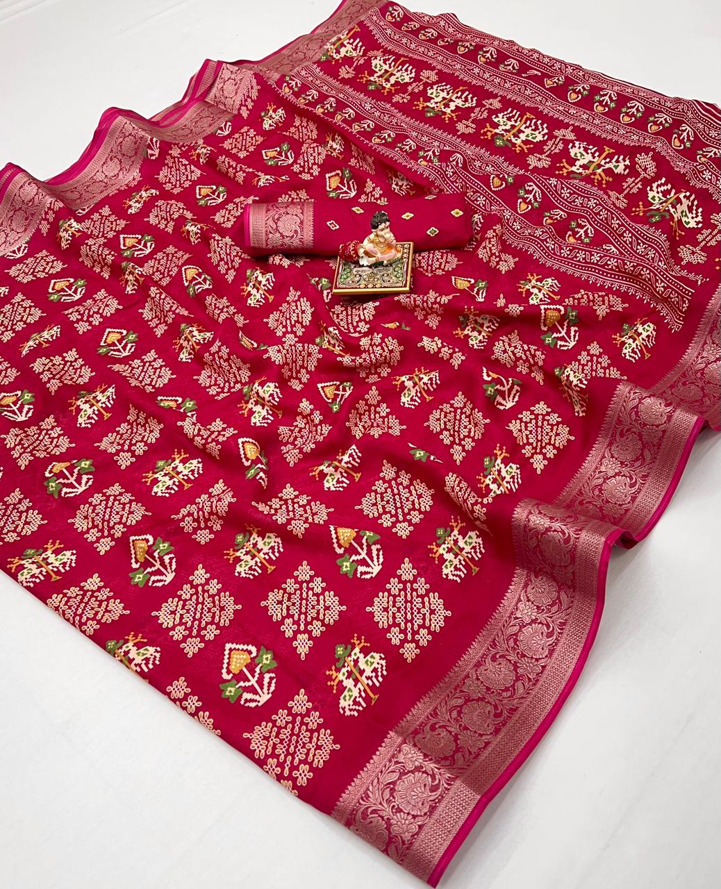 Red Printed Moss Georgette Saree With Zari Border