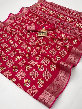 Red Printed Moss Georgette Saree With Zari Border