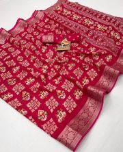 Red Printed Moss Georgette Saree With Zari Border - Red