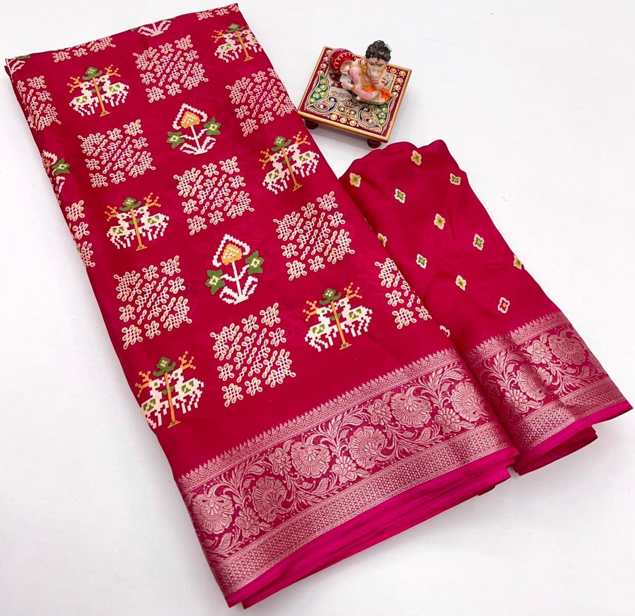 Red Printed Moss Georgette Saree With Zari Border