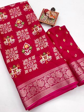 Red Printed Moss Georgette Saree with Zari Border