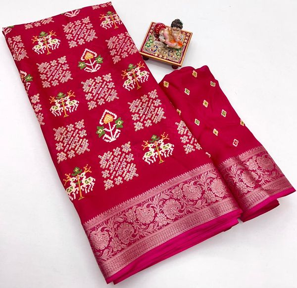 Red Printed Moss Georgette Saree With Zari Border