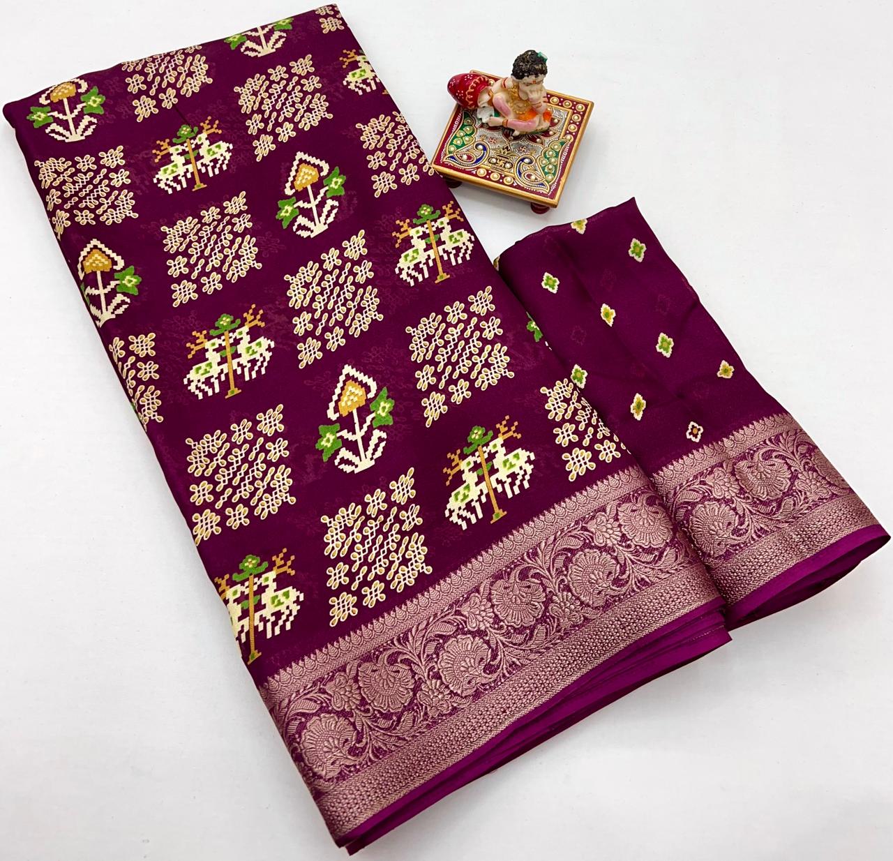 Wine Designer Printed Georgette Saree With Zari Border