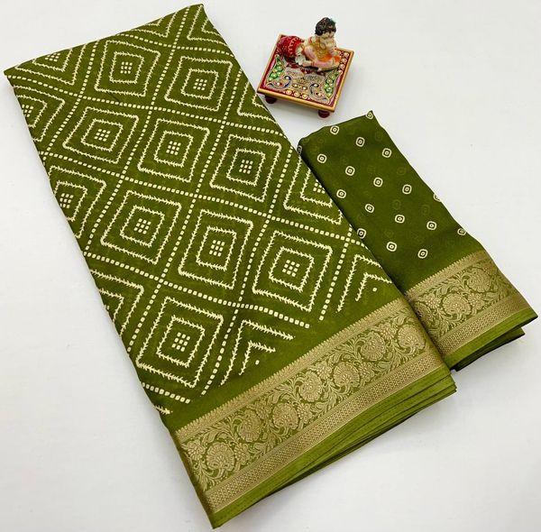 Elegant Olive Green Georgette Saree With Zari Border