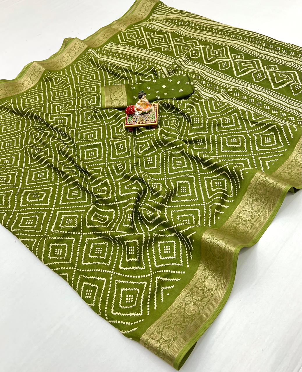 Elegant Olive Green Georgette Saree With Zari Border