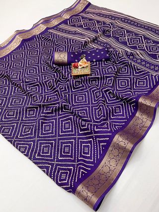 Royal Purple Printed Moss Georgette Saree With Border
