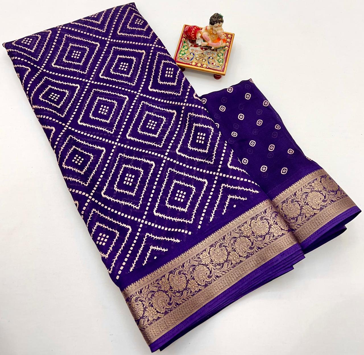 Royal Purple Printed Moss Georgette Saree With Border