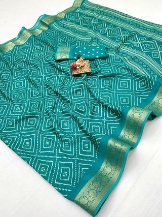 Teal Printed Moss Georgette Saree With Zari Border