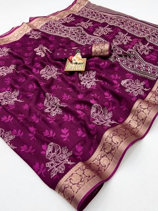 Elegant Wine Floral Georgette Saree With Zari Work