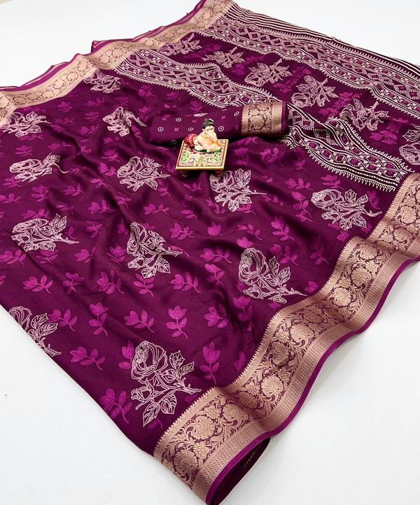 Elegant Wine Floral Georgette Saree With Zari Work