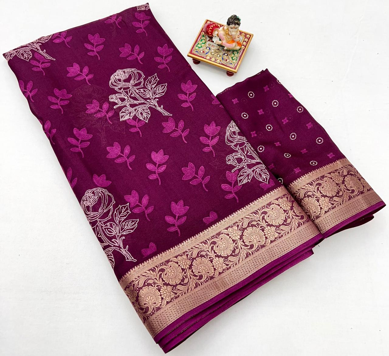 Elegant Wine Floral Georgette Saree With Zari Work