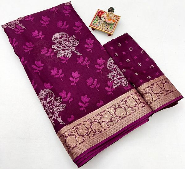 Elegant Wine Floral Georgette Saree With Zari Work