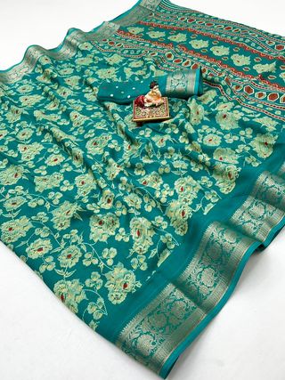 Teal Floral Moss Georgette Saree With Zari Border