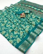 Teal Floral Moss Georgette Saree With Zari Border - Teal