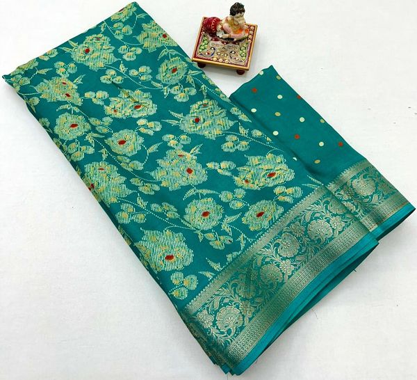 Teal Floral Moss Georgette Saree With Zari Border