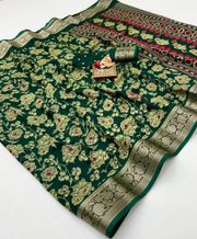 Bottle Green Festive Moss Georgette Saree With Blouse - Green