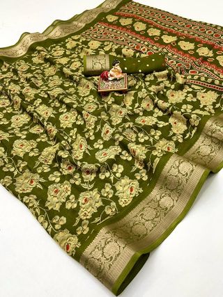 Elegant Olive Green Floral Georgette Saree With Zari Border