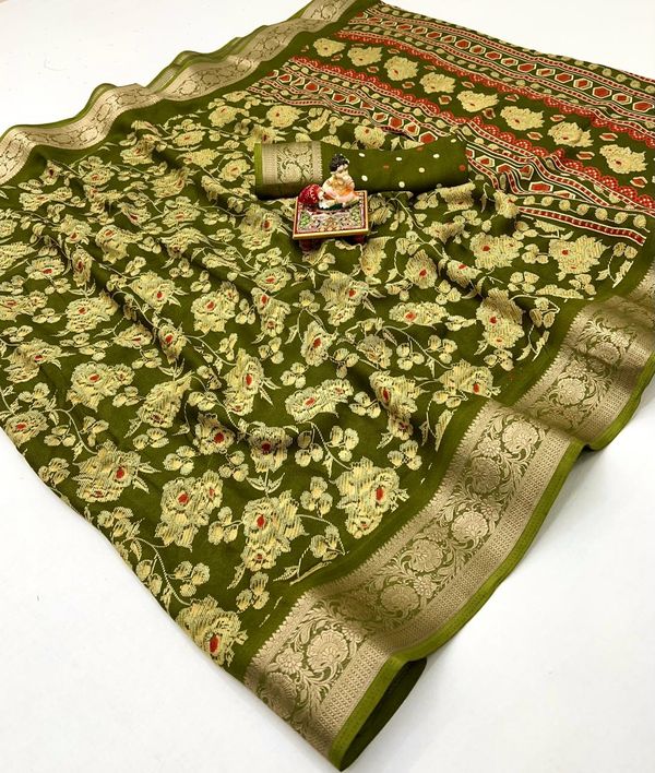 Elegant Olive Green Floral Georgette Saree With Zari Border