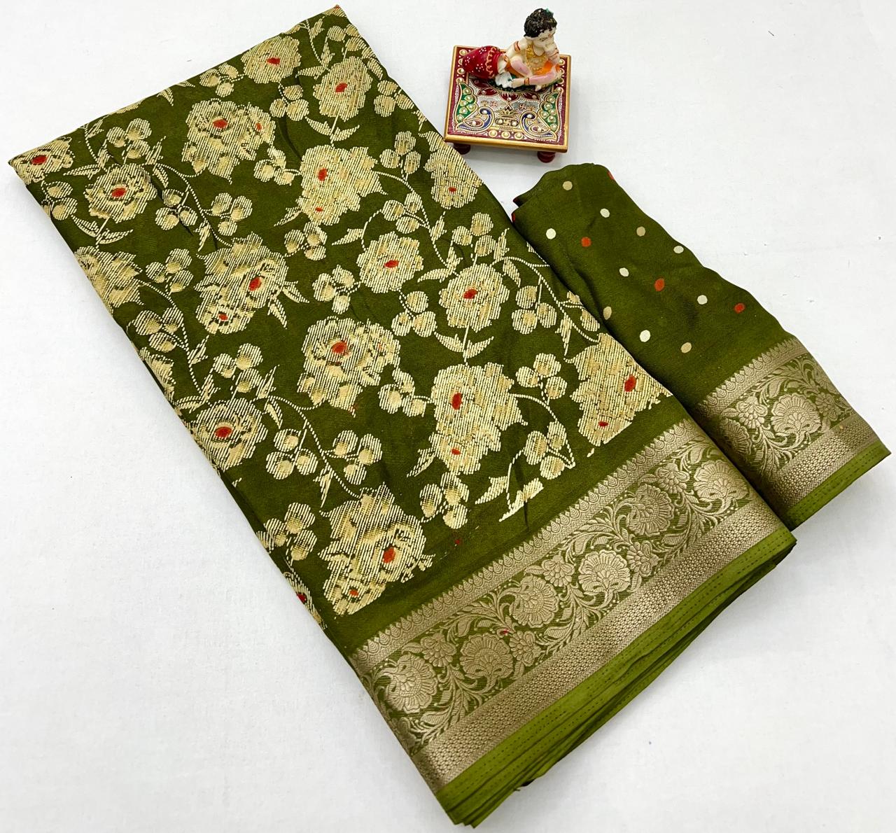 Elegant Olive Green Floral Georgette Saree With Zari Border