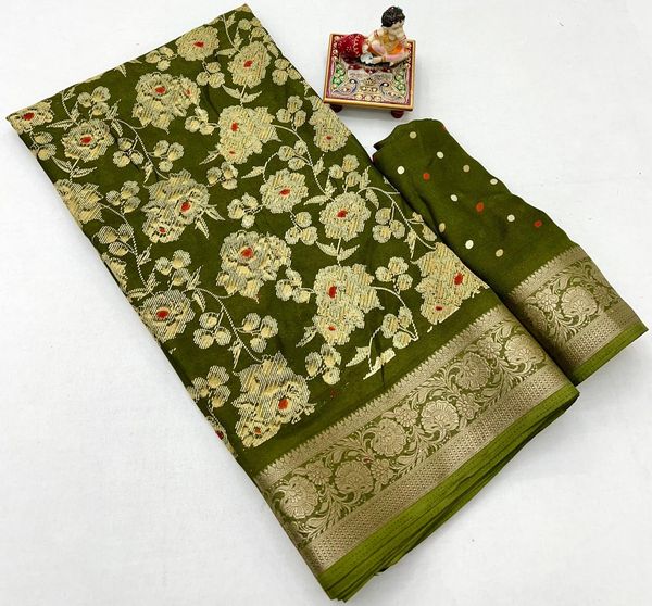 Elegant Olive Green Floral Georgette Saree With Zari Border