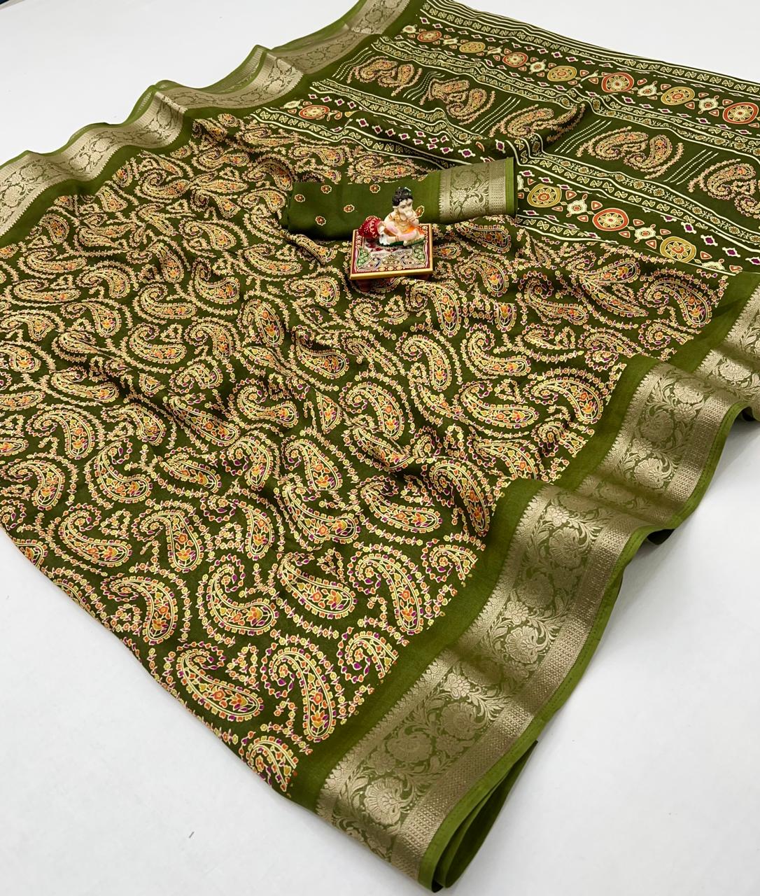 Olive Paisley Moss Georgette Saree With Zari Border