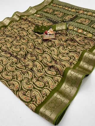 Olive Paisley Moss Georgette Saree With Zari Border