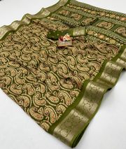 Olive Paisley Moss Georgette Saree With Zari Border - Forest Green