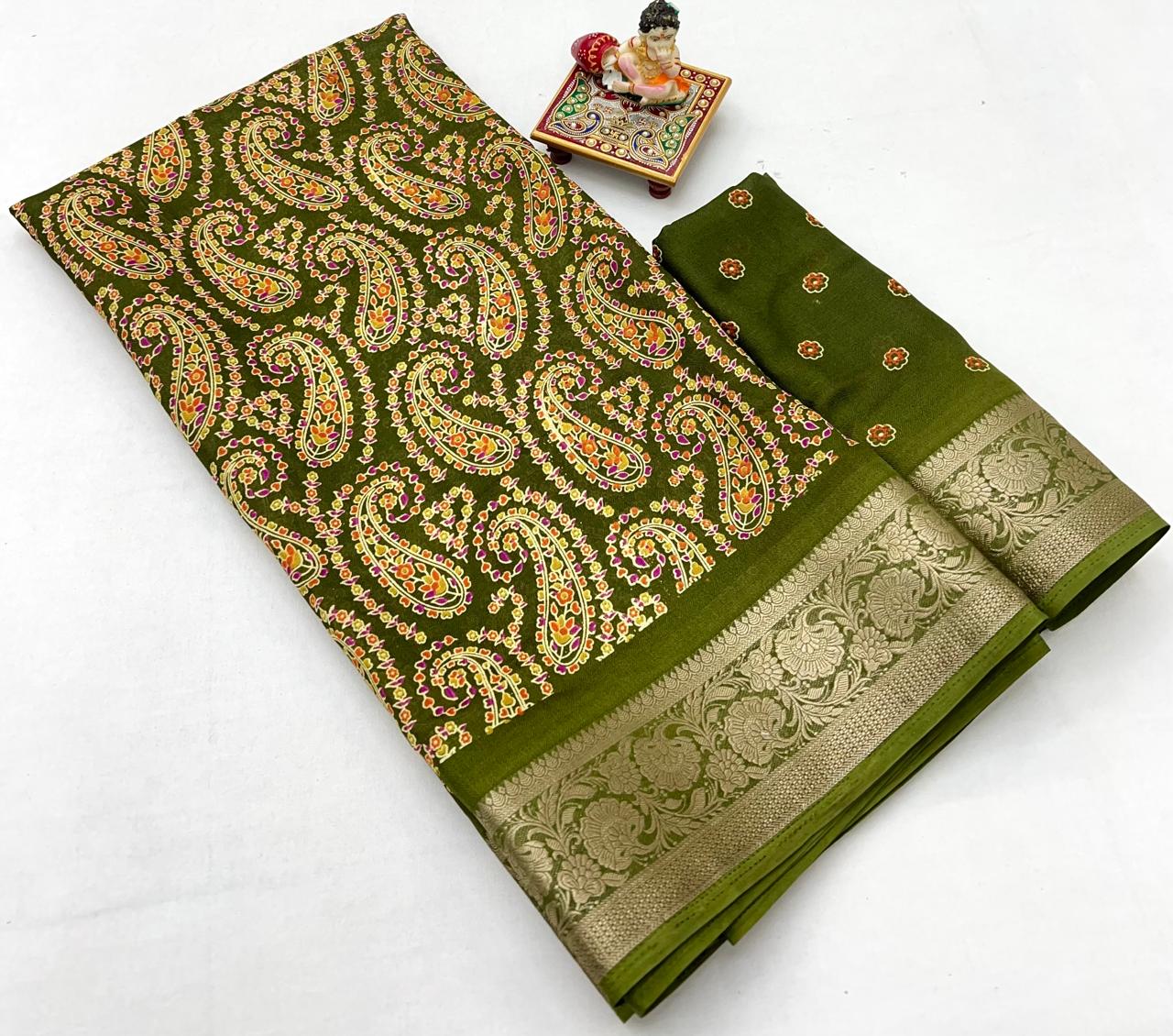 Olive Paisley Moss Georgette Saree With Zari Border