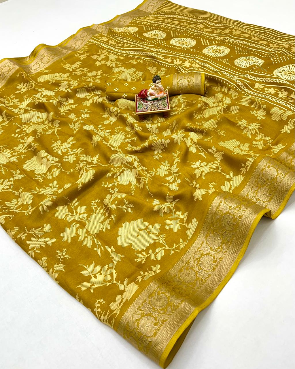 Mustard Designer Moss Georgette Saree With Zari Work