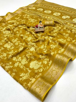 Mustard Designer Moss Georgette Saree With Zari Work