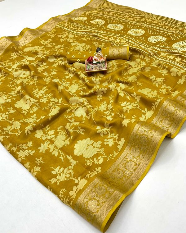 Mustard Designer Moss Georgette Saree With Zari Work