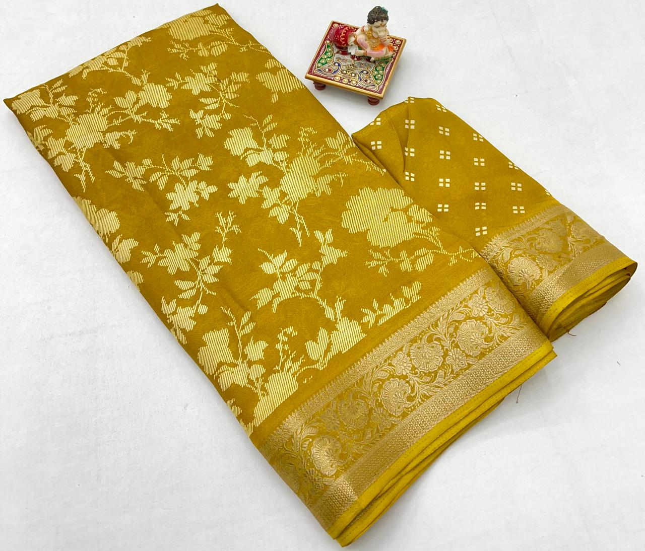 Mustard Designer Moss Georgette Saree With Zari Work