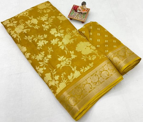 Mustard Designer Moss Georgette Saree With Zari Work