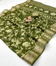 Olive Green Traditional Moss Georgette Saree Online - Green