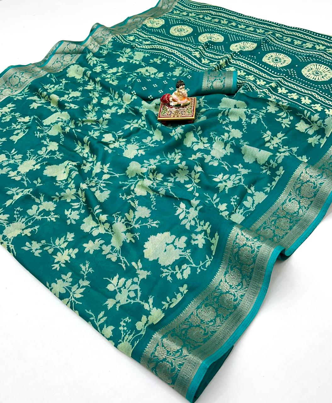 Teal Floral Print Moss Georgette Saree With Zari Border