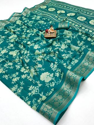 Teal Floral Print Moss Georgette Saree With Zari Border
