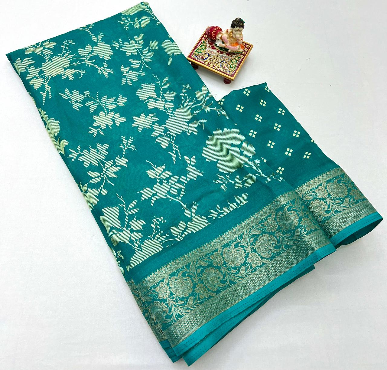 Teal Floral Print Moss Georgette Saree With Zari Border
