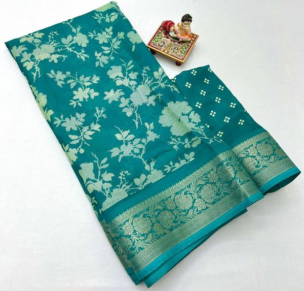 Teal Floral Print Moss Georgette Saree With Zari Border