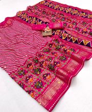 Pink Patola Print Pashmina Silk Saree With Mirror Work - Pink