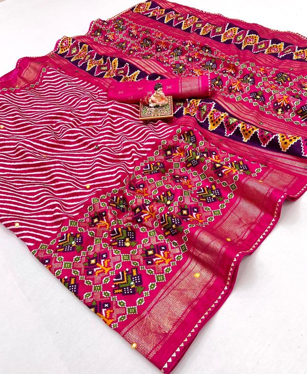 Pink Patola Print Pashmina Silk Saree With Mirror Work