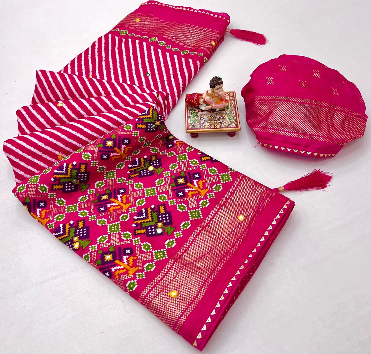 Pink Patola Print Pashmina Silk Saree With Mirror Work