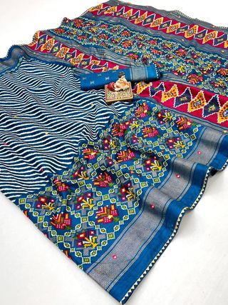 Royal Blue Patola Design Pashmina Silk Saree With Mirror