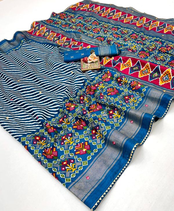 Royal Blue Patola Design Pashmina Silk Saree With Mirror