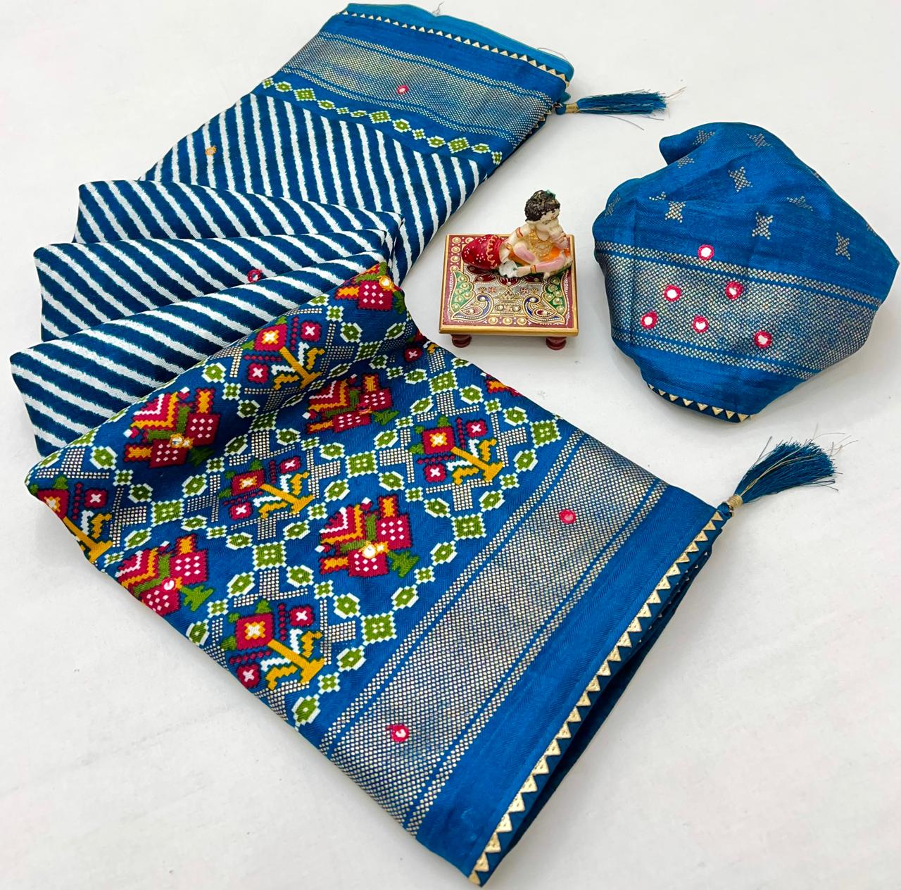 Royal Blue Patola Design Pashmina Silk Saree With Mirror