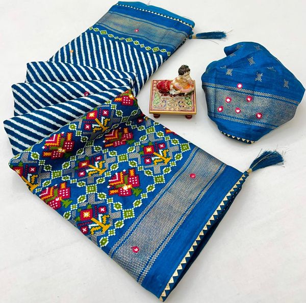 Royal Blue Patola Design Pashmina Silk Saree With Mirror