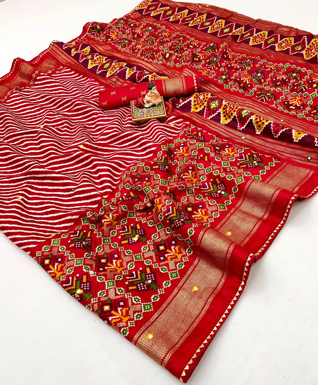 Classic Red Patola Print Pashmina Silk Saree With Mirror
